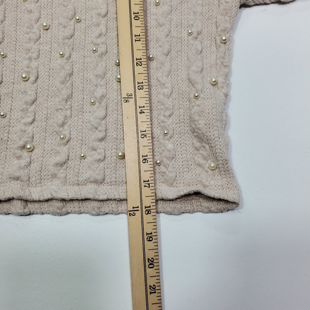 Zara Top women Puff Sleeves Knit Sweater Cream Textured Pearls Medium Preppy - Picture 7 of 8
